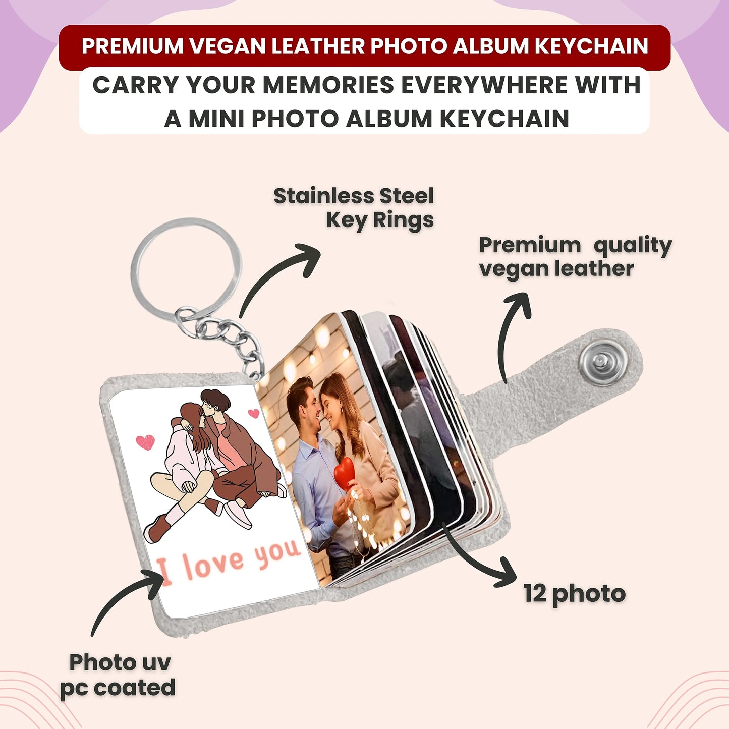 Flashing Click Custom Vegan Leather Photo Keychain with 12 Pictures and Text – Perfect Gift for All Occasions Flashing Click