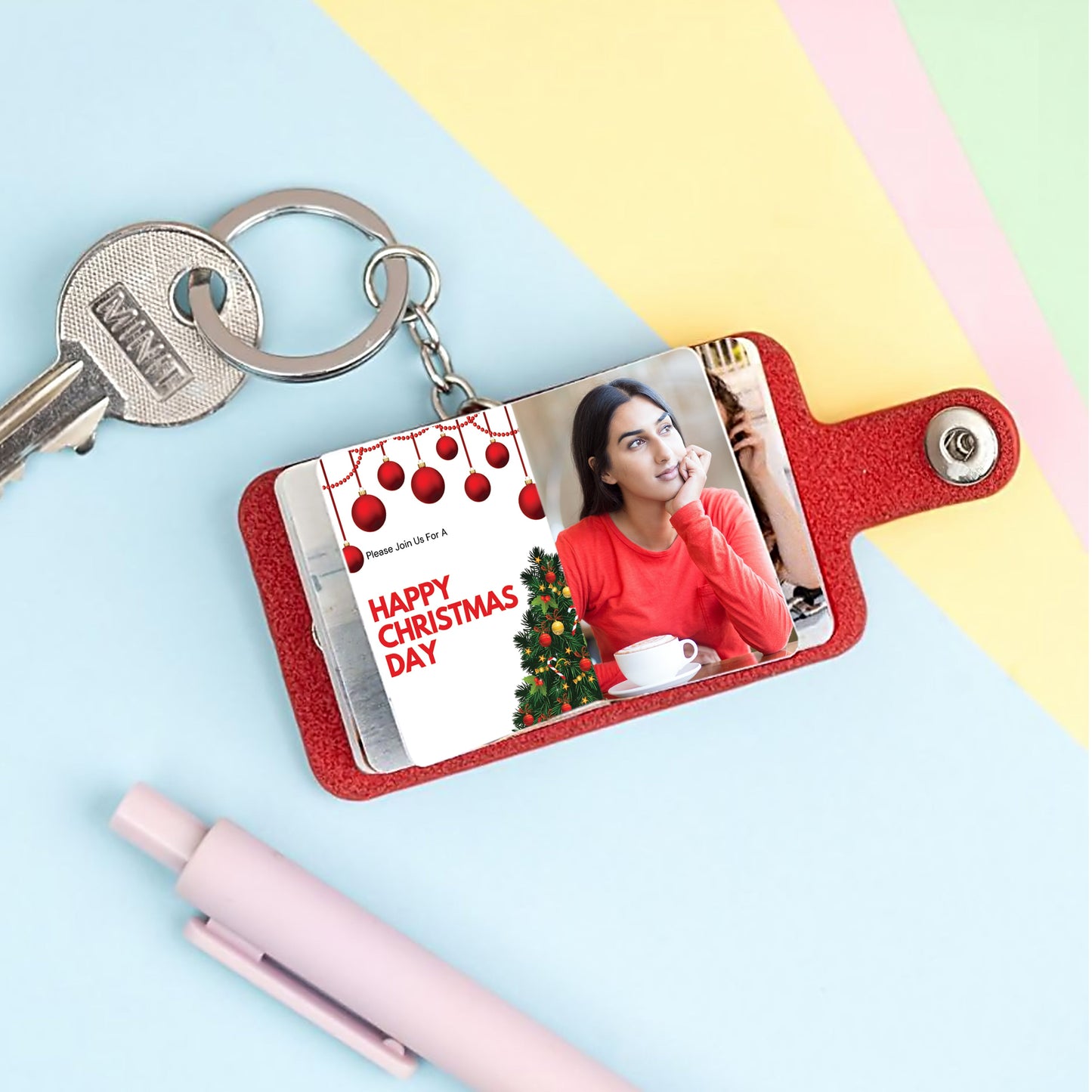 Personalized Vegan Leather Red Mini Photo Book Keychain – Custom Album (12–23 Photos, Text, 2 Sizes) Flashing Click