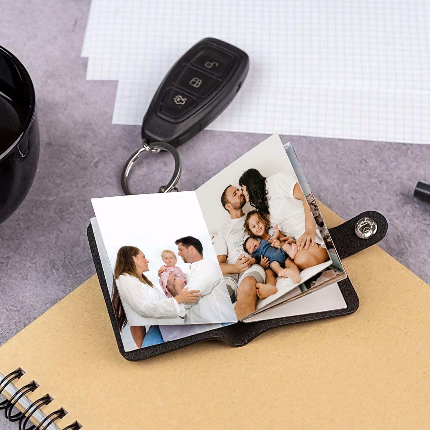 Flashing Click Classic Black Vegan Leather Mini Photo Book Keychain – Stylish Memory Album (12–23 Photos, Custom Text) Flashing Click