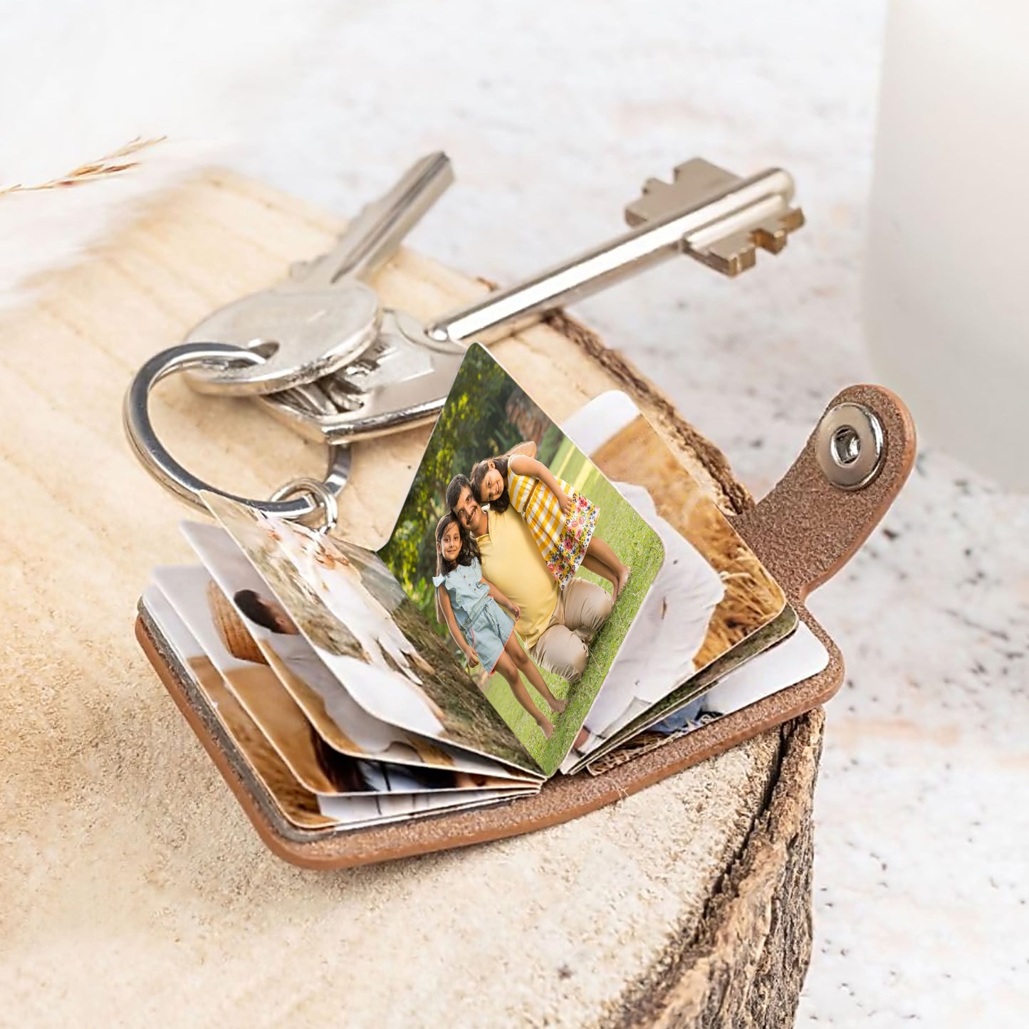 Flashing click Brown Vegan Leather Mini Photo Book Keychain – Rustic Memory Album (12–23 Photos, Custom Text, 2 Sizes) Flashing Click