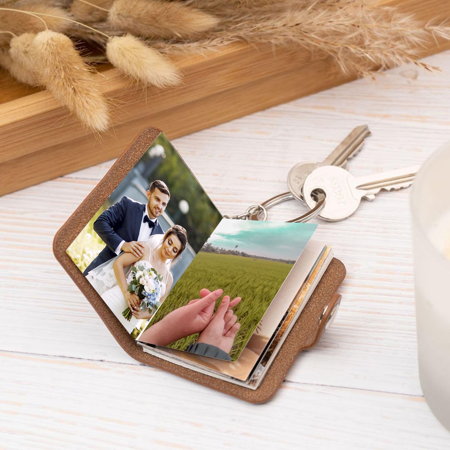 Flashing click Brown Vegan Leather Mini Photo Book Keychain – Rustic Memory Album (12–23 Photos, Custom Text, 2 Sizes) Flashing Click