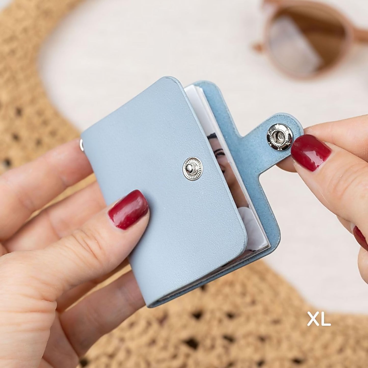 Elegant Grey Vegan Leather Mini Photo Book Keychain – Custom Keepsake (12–23 Photos, 2 Sizes, Text Option Flashing Click