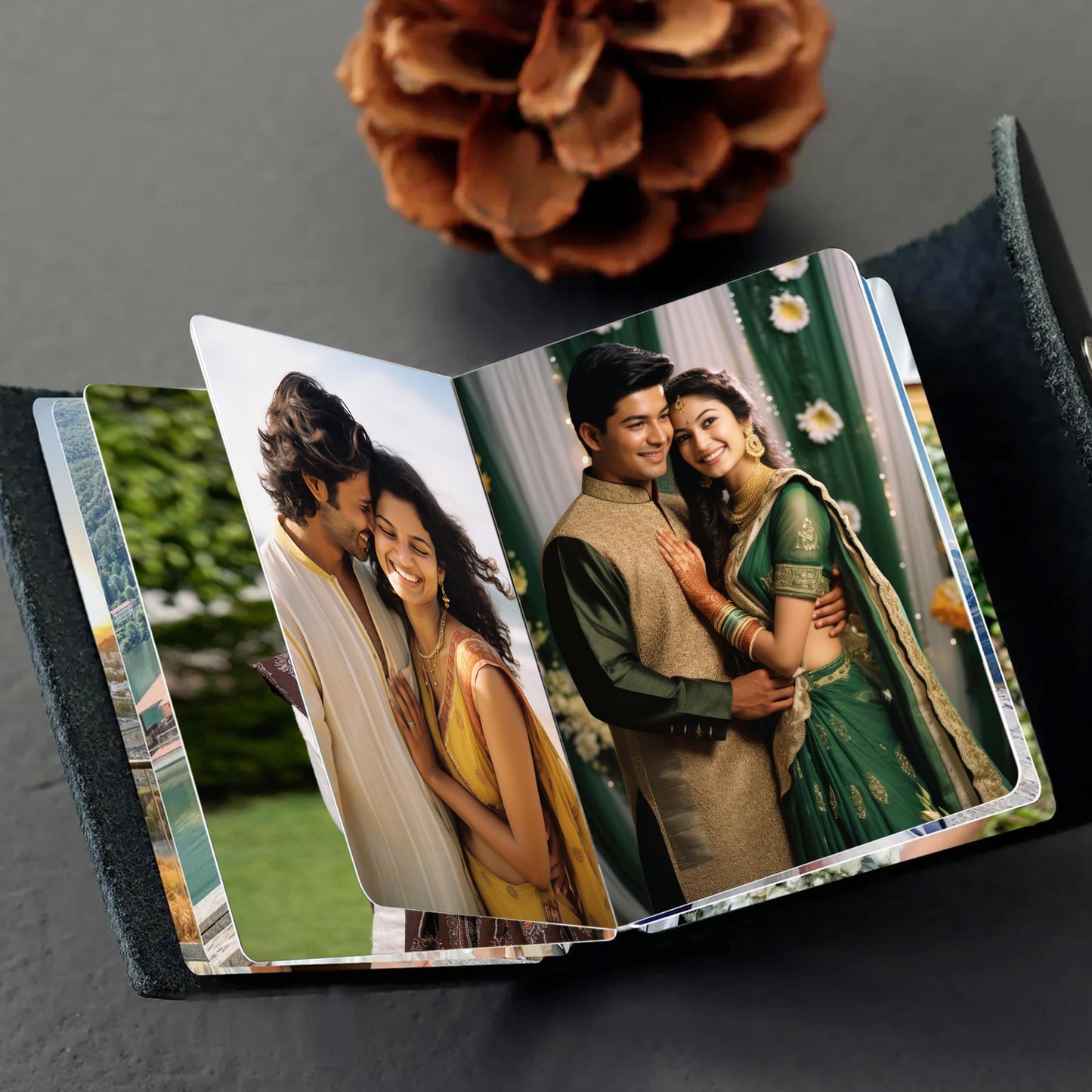Flashing Click Black Genuine Leather Photo Book Keychain | Customized Full Cut Design with 11 to 23 photo’s with custom text | Unique Gift for Birthday, Anniversary & Couples Flashing Click