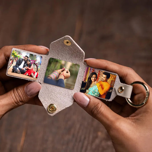 Leather Photo Keychain – 3 Photo Slots with Antique Steel Snap | Personalized Gift for Birthday, Anniversary, Couple & More Flashing Click