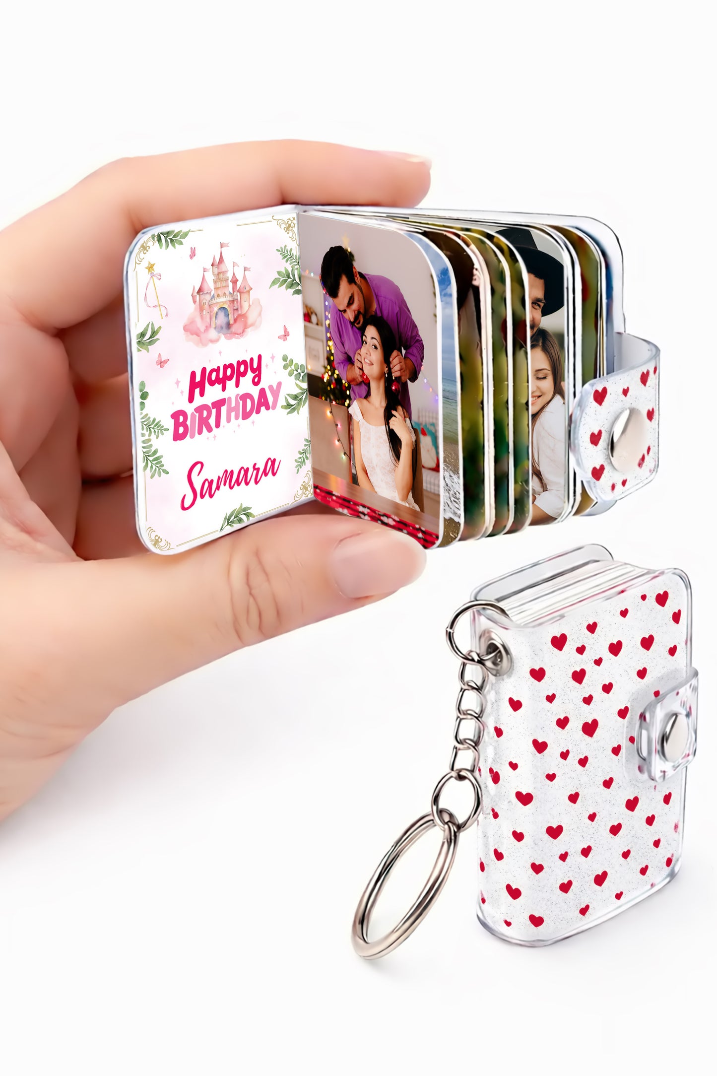 Flashing Click Personalized Photo Book Keychain | UV Acrylic Heart pattern printed with 12–23 Photos & Custom Text | Laminated Photos, Metal Key Ring & Snap Button | Gift for Couples, Him/her, birthday, anniversary