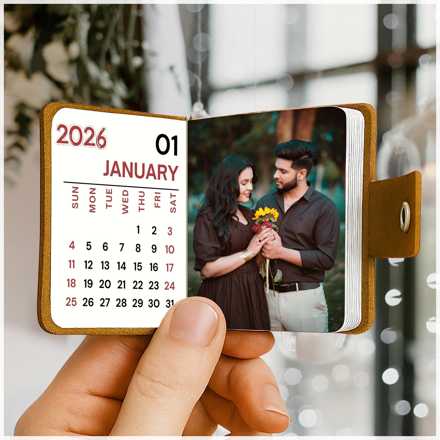 Flashing click Custom Real Leather Photo Book Keychain with 12-Photo with 12 page Calendar | Stainless Steel Ring & Secure Snap Button | Ideal Gift for Birthday, Anniversary, Valentine’s Day, New Year, Couples & More