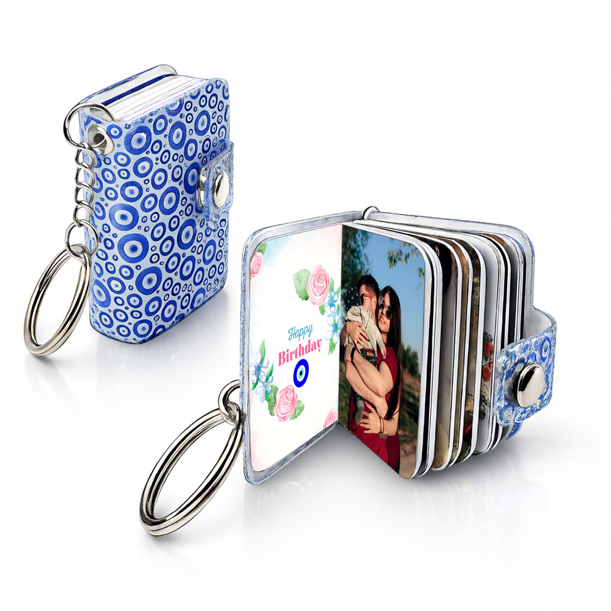 Flashing Click Personalized Photo Book Keychain with Evil Eye Pattern | UV Acrylic Cover with 12–23 Custom Photos & Personalized Text | Laminated Mini Photo Album with Metal Key Ring & Snap Button | Gift for Couples, Him & Her