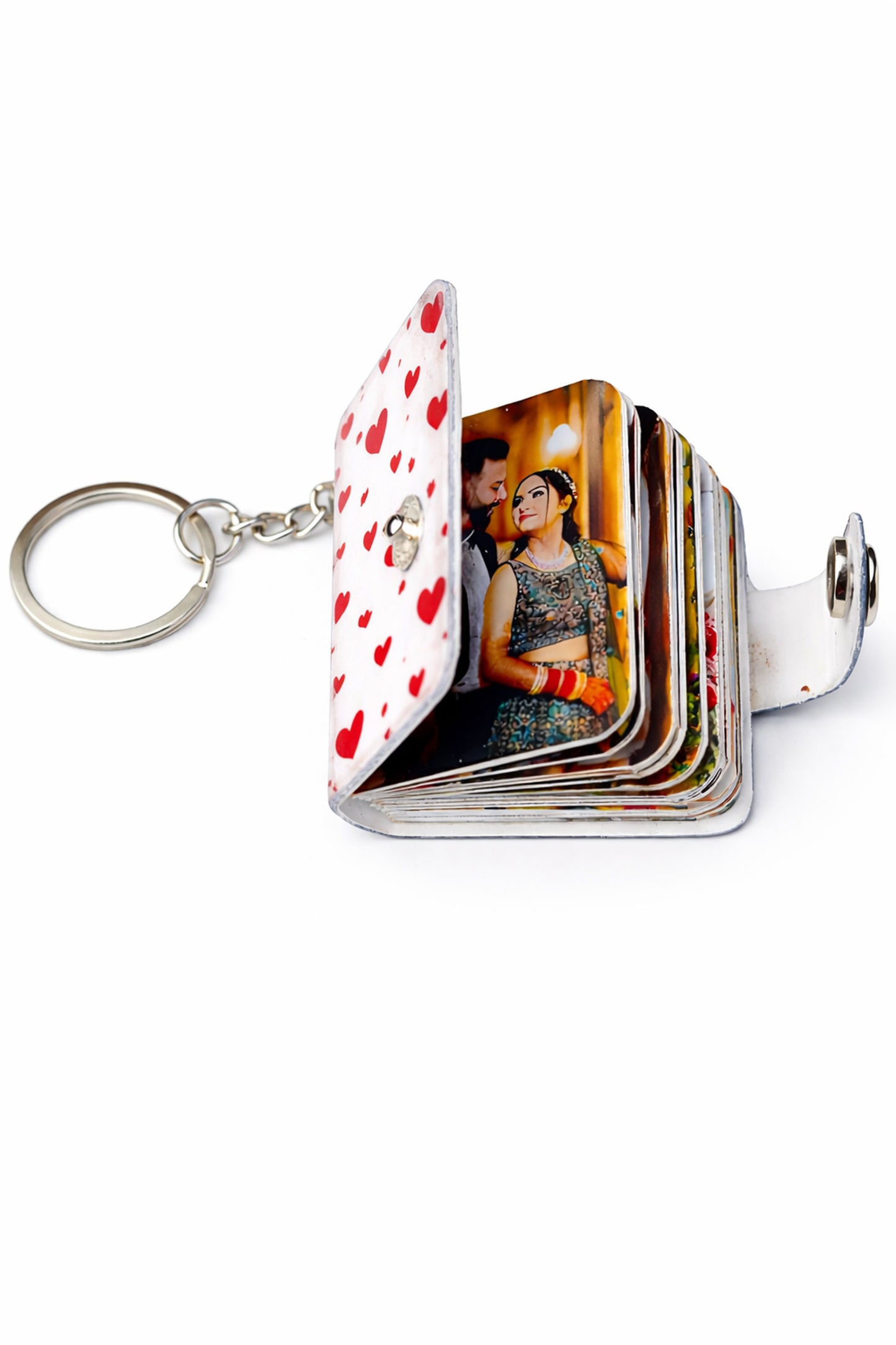 Flashing Click Personalized Photo Book Keychain | UV Acrylic Heart pattern printed with 12–23 Photos & Custom Text | Laminated Photos, Metal Key Ring & Snap Button | Gift for Couples, Him/her, birthday, anniversary