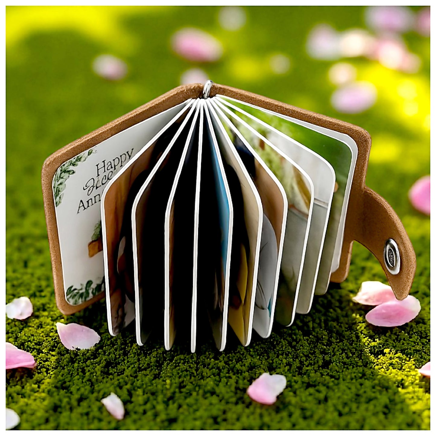 Flashing click Custom Real Leather Photo Book Keychain with 12-Photo with 12 page Calendar | Stainless Steel Ring & Secure Snap Button | Ideal Gift for Birthday, Anniversary, Valentine’s Day, New Year, Couples & More