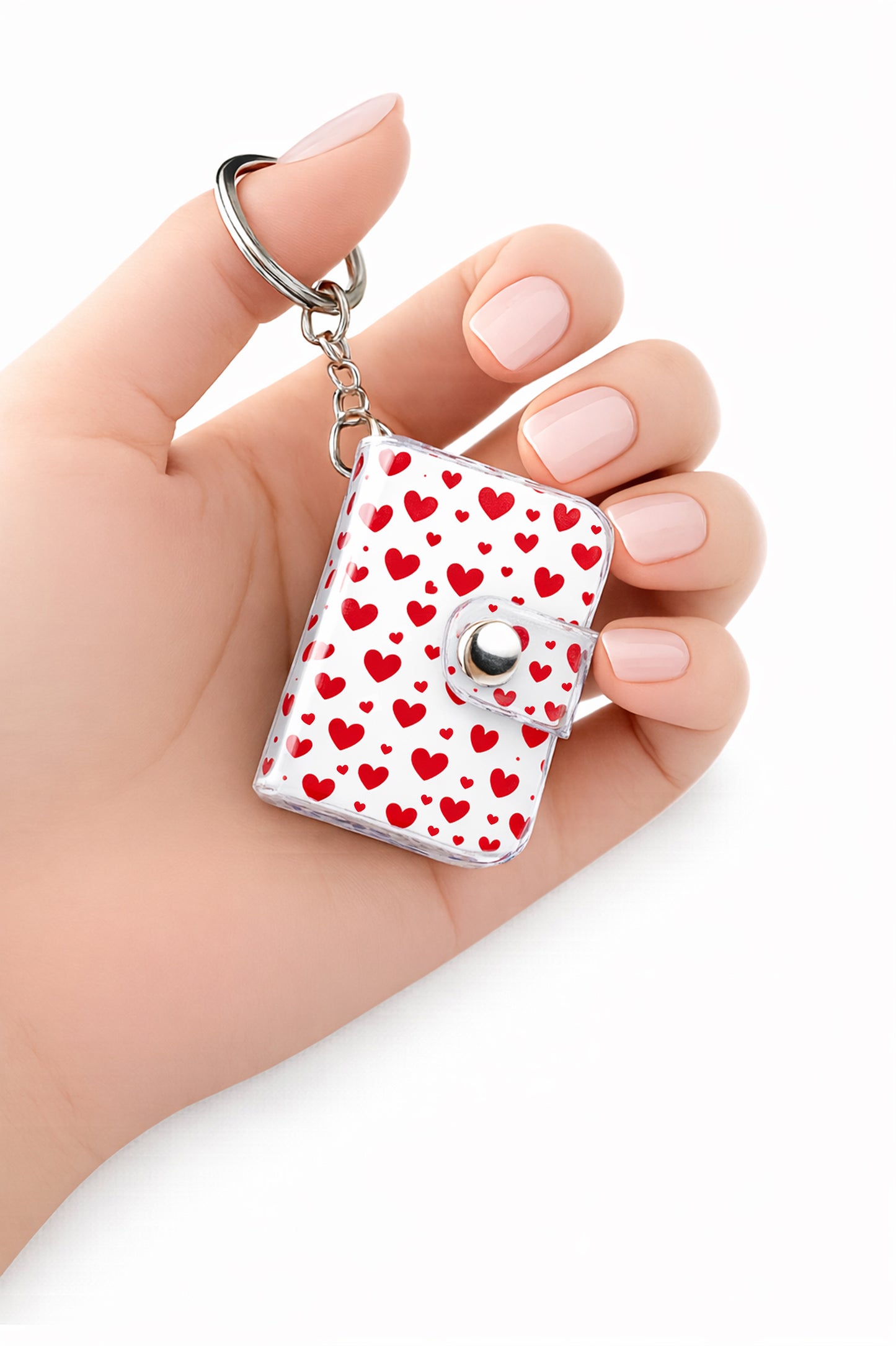 Flashing Click Personalized Photo Book Keychain | UV Acrylic Heart pattern printed with 12–23 Photos & Custom Text | Laminated Photos, Metal Key Ring & Snap Button | Gift for Couples, Him/her, birthday, anniversary