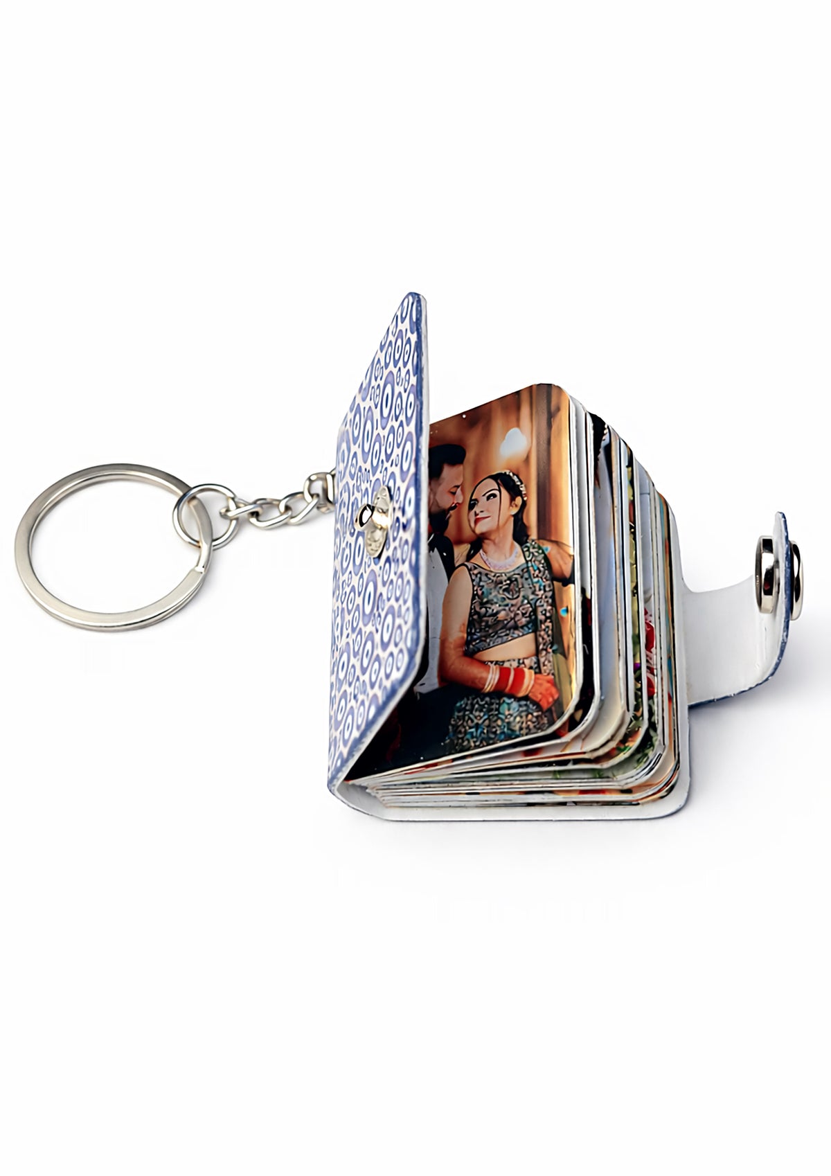 Flashing Click Personalized Photo Book Keychain with Evil Eye Pattern | UV Acrylic Cover with 12–23 Custom Photos & Personalized Text | Laminated Mini Photo Album with Metal Key Ring & Snap Button | Gift for Couples, Him & Her