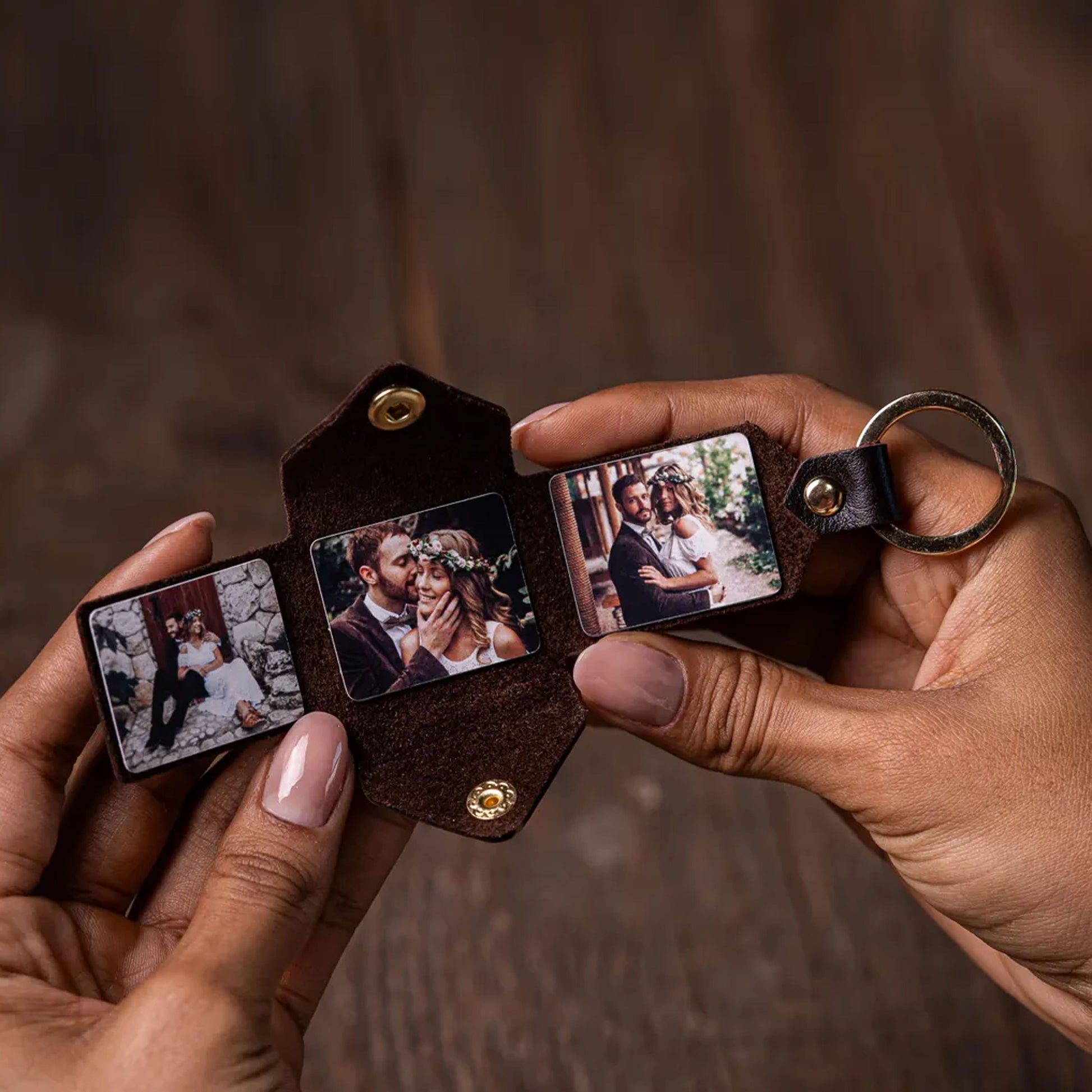 Leather Photo Keychain – 3 Photo Slots with Antique Steel Snap | Personalized Gift for Birthday, Anniversary, Couple & More Flashing Click