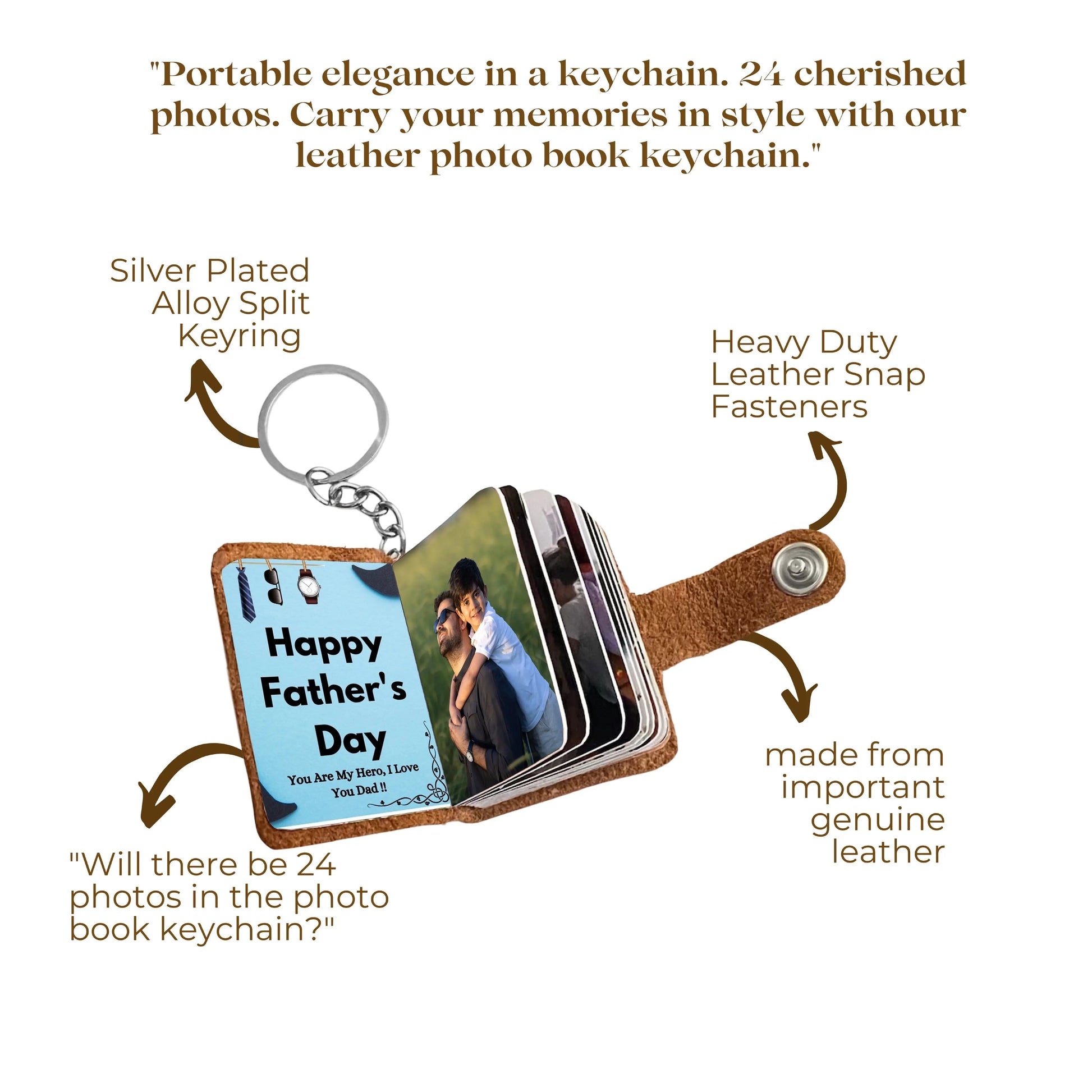 Flashing Click Customizable Leather Mini Photo Album Keychain - with 12 to 24 Photos - Gift Idea for Father's Day, Birthdays, Anniversaries, or Special Moments Flashing Click