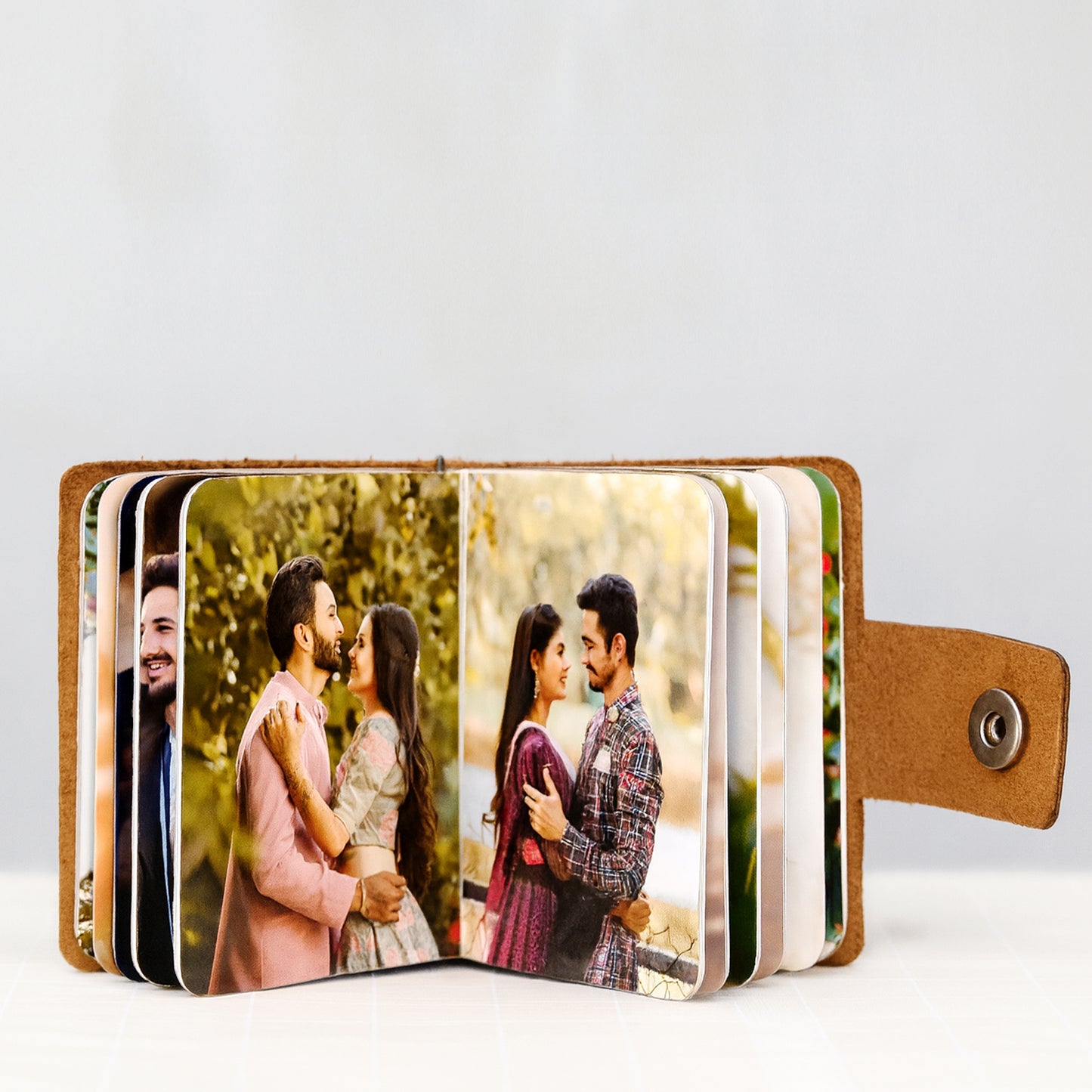 Flashing click Custom Real Leather Photo Book Keychain with 12-Photo with 12 page Calendar | Stainless Steel Ring & Secure Snap Button | Ideal Gift for Birthday, Anniversary, Valentine’s Day, New Year, Couples & More