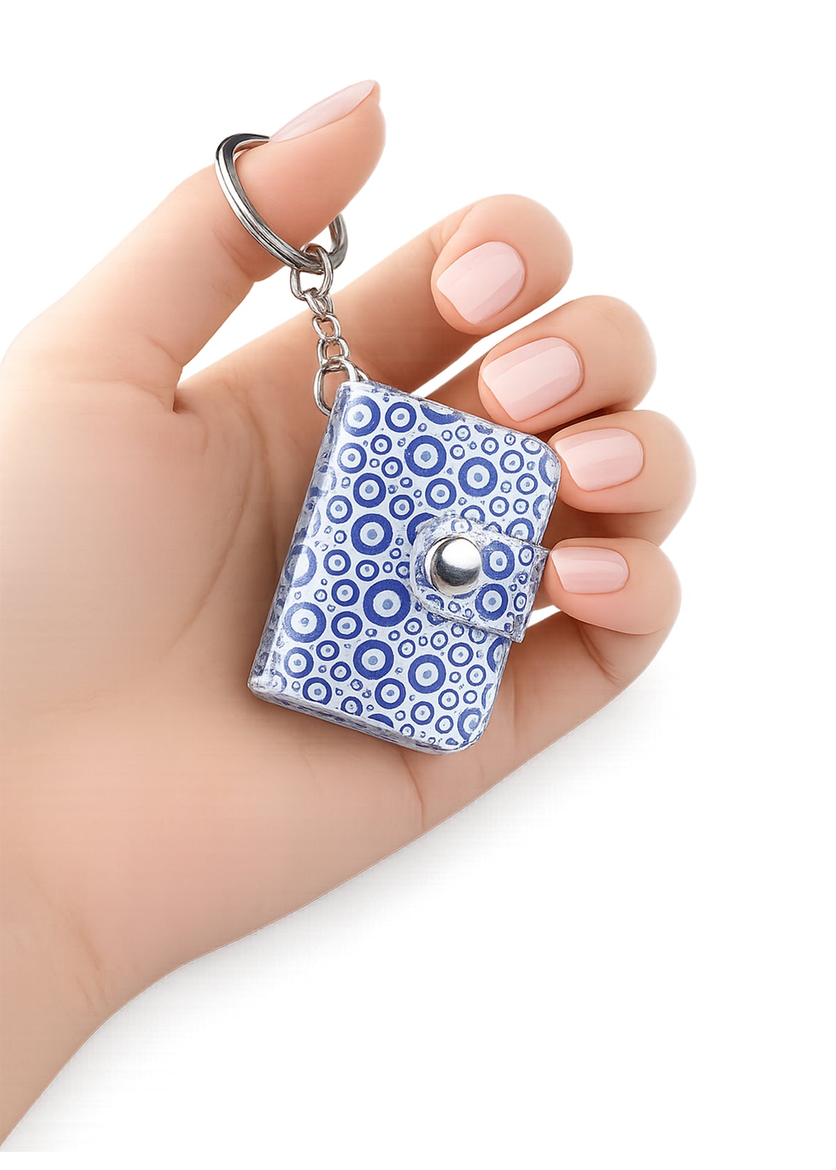 Flashing Click Personalized Photo Book Keychain with Evil Eye Pattern | UV Acrylic Cover with 12–23 Custom Photos & Personalized Text | Laminated Mini Photo Album with Metal Key Ring & Snap Button | Gift for Couples, Him & Her