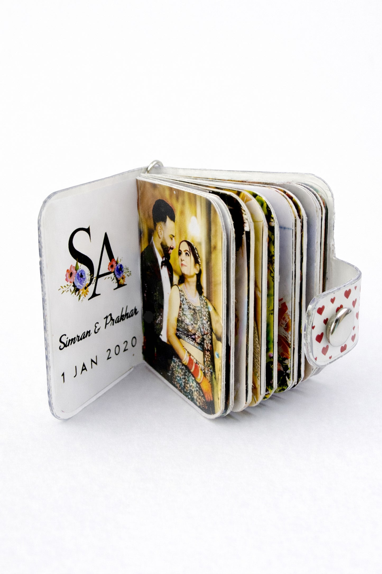 Flashing Click Personalized Photo Book Keychain | UV Acrylic Heart pattern printed with 12–23 Photos & Custom Text | Laminated Photos, Metal Key Ring & Snap Button | Gift for Couples, Him/her, birthday, anniversary