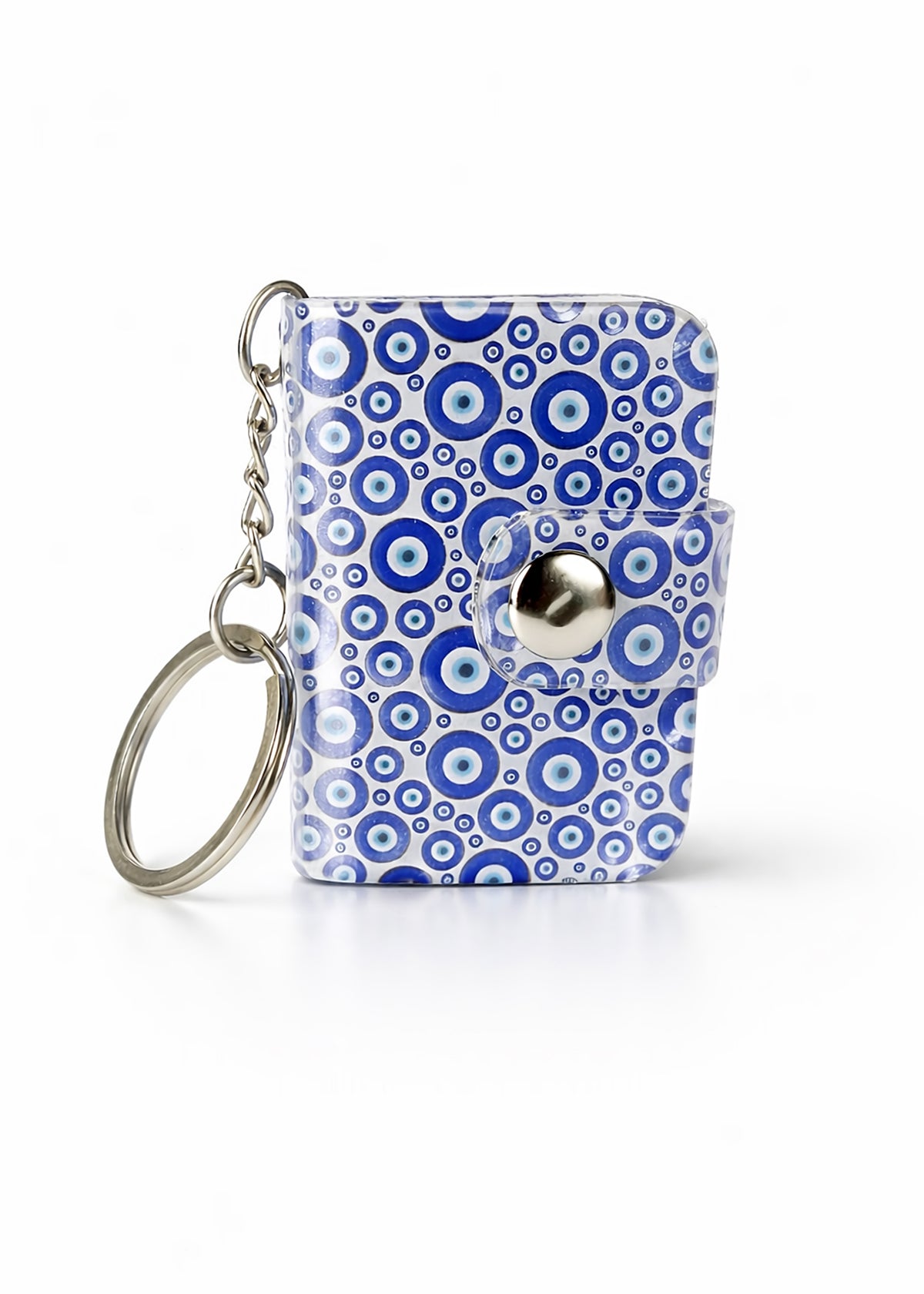 Flashing Click Personalized Photo Book Keychain with Evil Eye Pattern | UV Acrylic Cover with 12–23 Custom Photos & Personalized Text | Laminated Mini Photo Album with Metal Key Ring & Snap Button | Gift for Couples, Him & Her