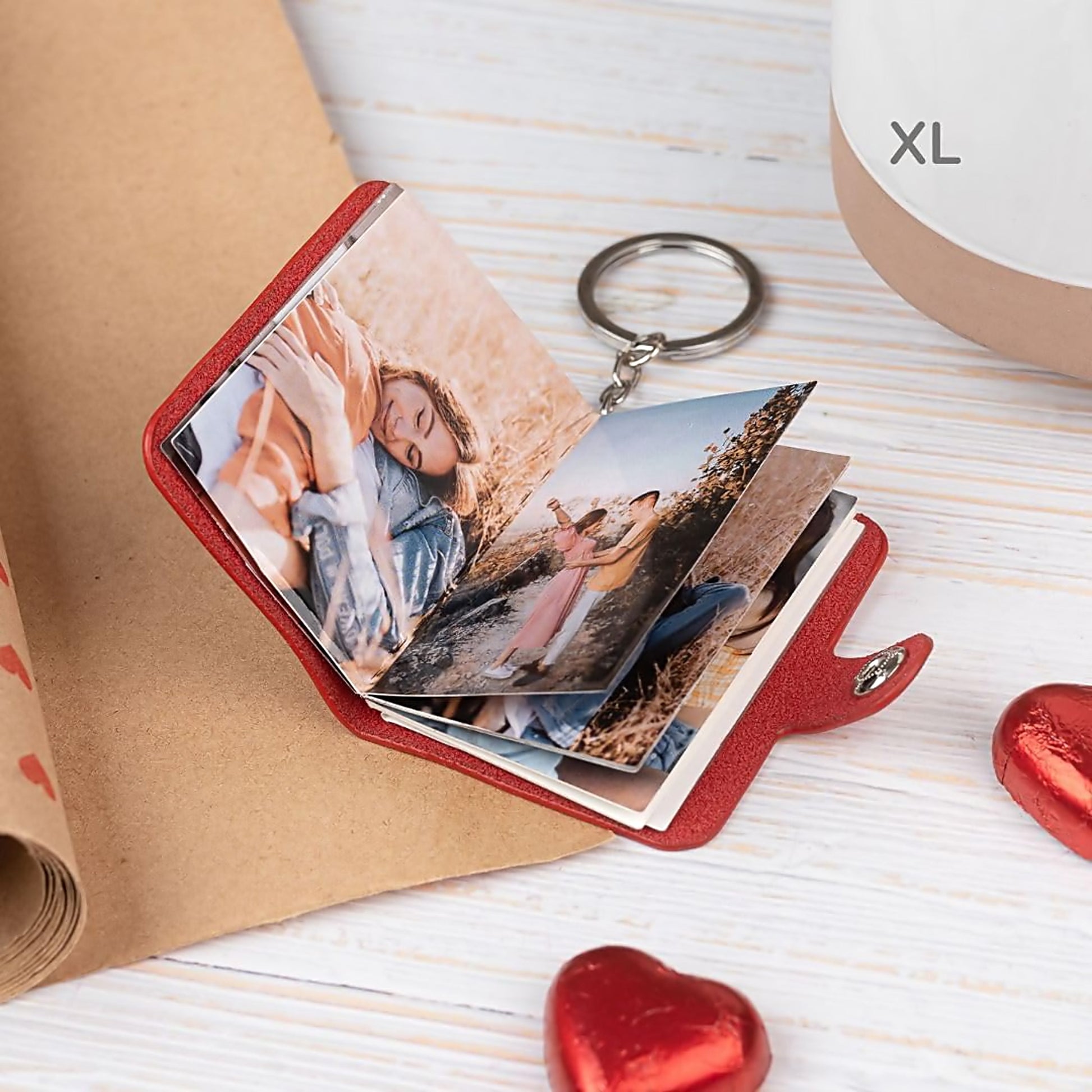 Personalized Vegan Leather Red Mini Photo Book Keychain – Custom Album (12–23 Photos, Text, 2 Sizes) Flashing Click
