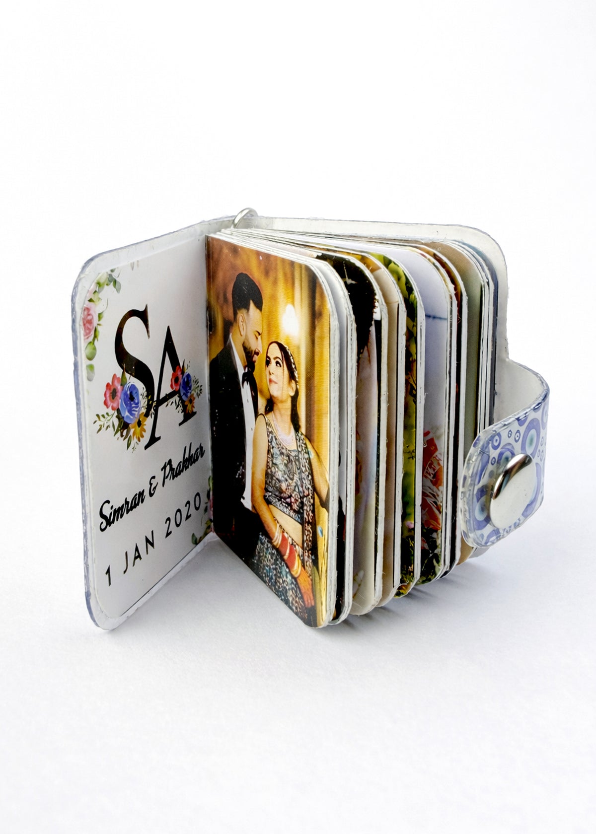 Flashing Click Personalized Photo Book Keychain with Evil Eye Pattern | UV Acrylic Cover with 12–23 Custom Photos & Personalized Text | Laminated Mini Photo Album with Metal Key Ring & Snap Button | Gift for Couples, Him & Her