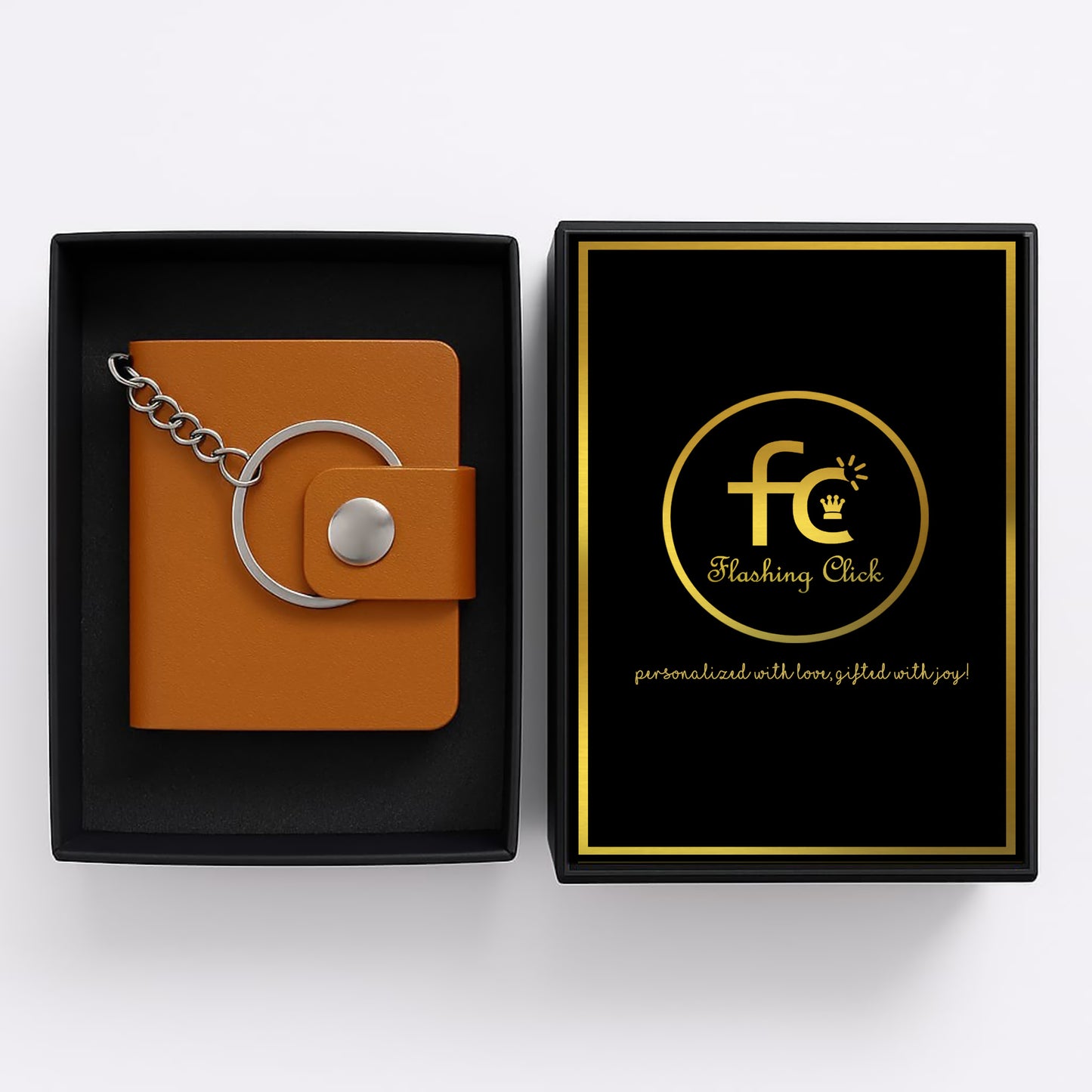 Flashing click Custom Real Leather Photo Book Keychain with 12-Photo with 12 page Calendar | Stainless Steel Ring & Secure Snap Button | Ideal Gift for Birthday, Anniversary, Valentine’s Day, New Year, Couples & More