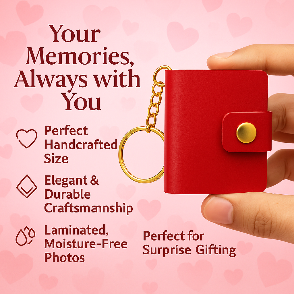 Personalized Red Faux Leather Photo Book Keychain | XL 12–23 Laminated Photos | Name or Message on front page | Gift for Couples, Birthday & Anniversary, new year, valentine day