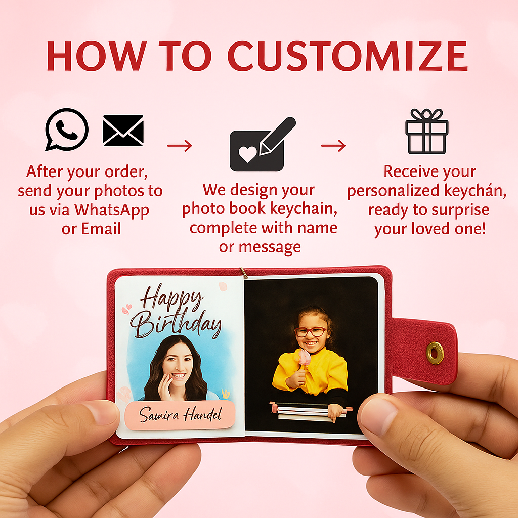 Personalized Red Faux Leather Photo Book Keychain | XL 12–23 Laminated Photos | Name or Message on front page | Gift for Couples, Birthday & Anniversary, new year, valentine day