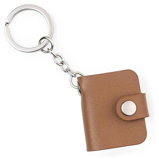 Flashing click Brown Vegan Leather Mini Photo Book Keychain – Rustic Memory Album (12–23 Photos, Custom Text, 2 Sizes) Flashing Click