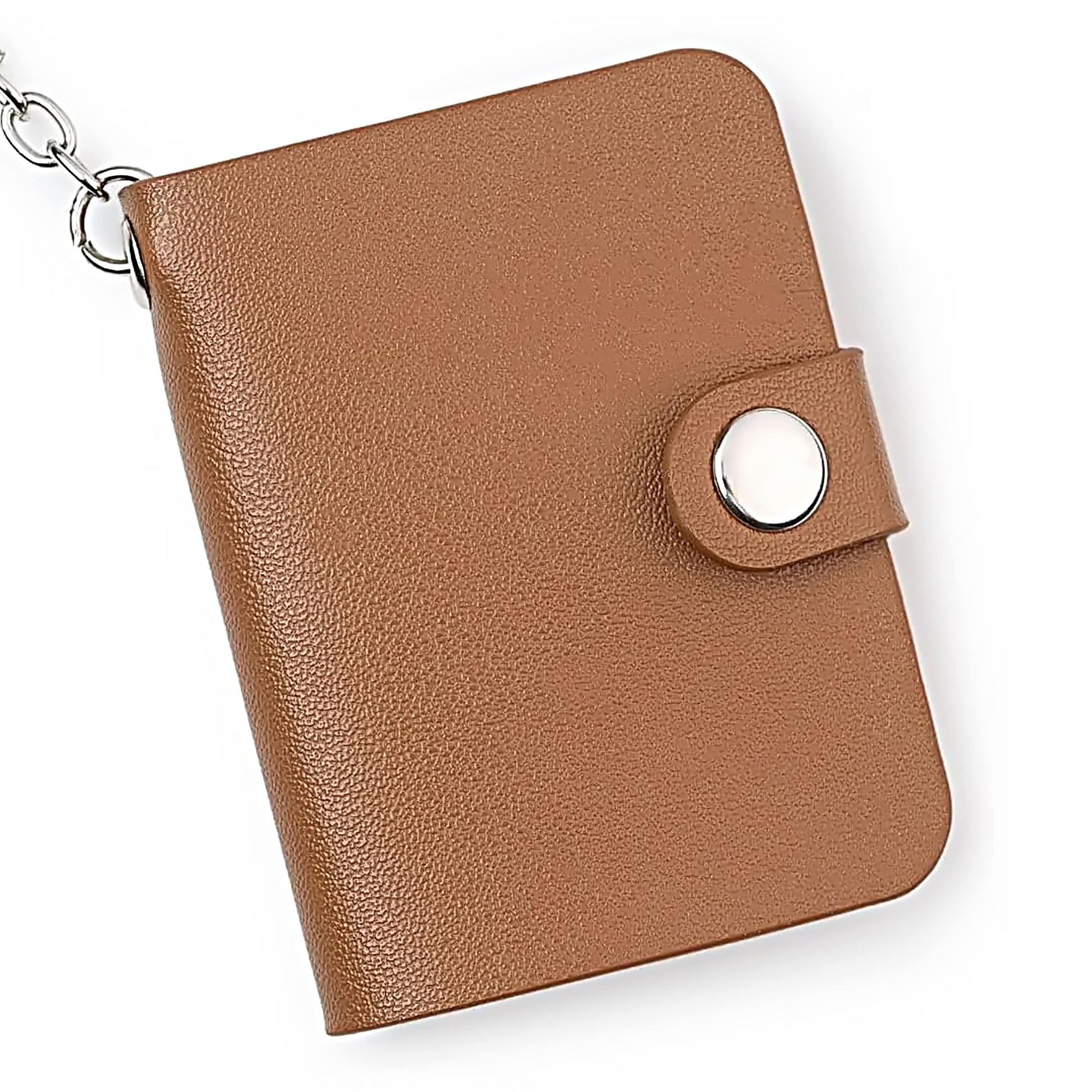 Flashing click Brown Vegan Leather Mini Photo Book Keychain – Rustic Memory Album (12–23 Photos, Custom Text, 2 Sizes) Flashing Click