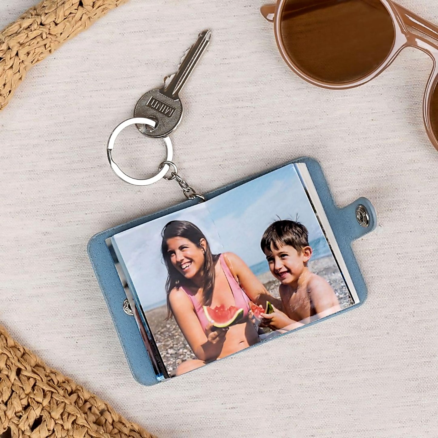Elegant Grey Vegan Leather Mini Photo Book Keychain – Custom Keepsake (12–23 Photos, 2 Sizes, Text Option Flashing Click