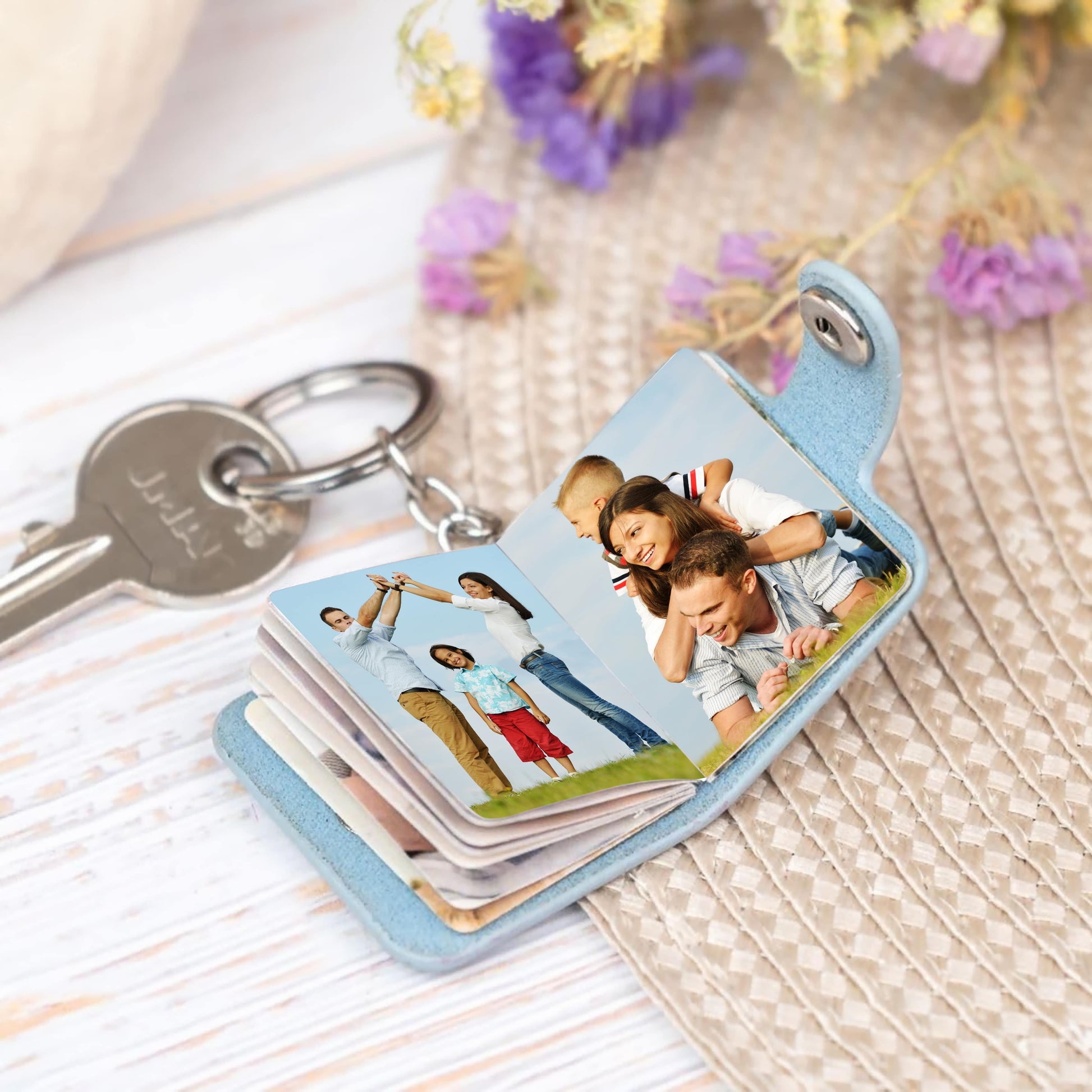 Elegant Grey Vegan Leather Mini Photo Book Keychain – Custom Keepsake (12–23 Photos, 2 Sizes, Text Option Flashing Click