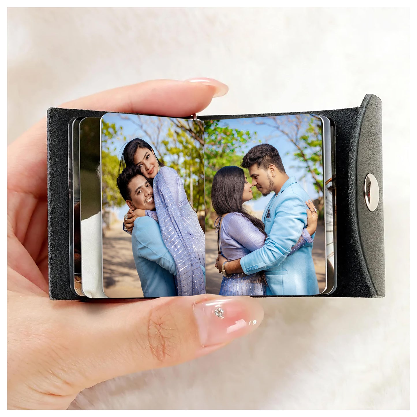 Flashing Click Black Genuine Leather Photo Book Keychain | Customized Full Cut Design with 11 to 23 photo’s with custom text | Unique Gift for Birthday, Anniversary & Couples Flashing Click