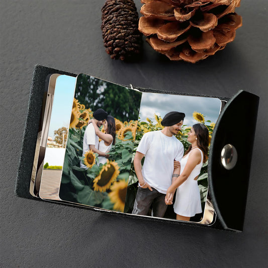 Flashing Click Black Genuine Leather Photo Book Keychain | Customized Full Cut Design with 11 to 23 photo’s with custom text | Unique Gift for Birthday, Anniversary & Couples Flashing Click