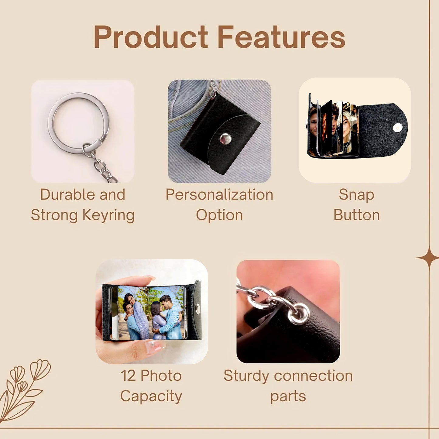 Flashing Click Black Genuine Leather Photo Book Keychain | Customized Full Cut Design with 11 to 23 photo’s with custom text | Unique Gift for Birthday, Anniversary & Couples Flashing Click