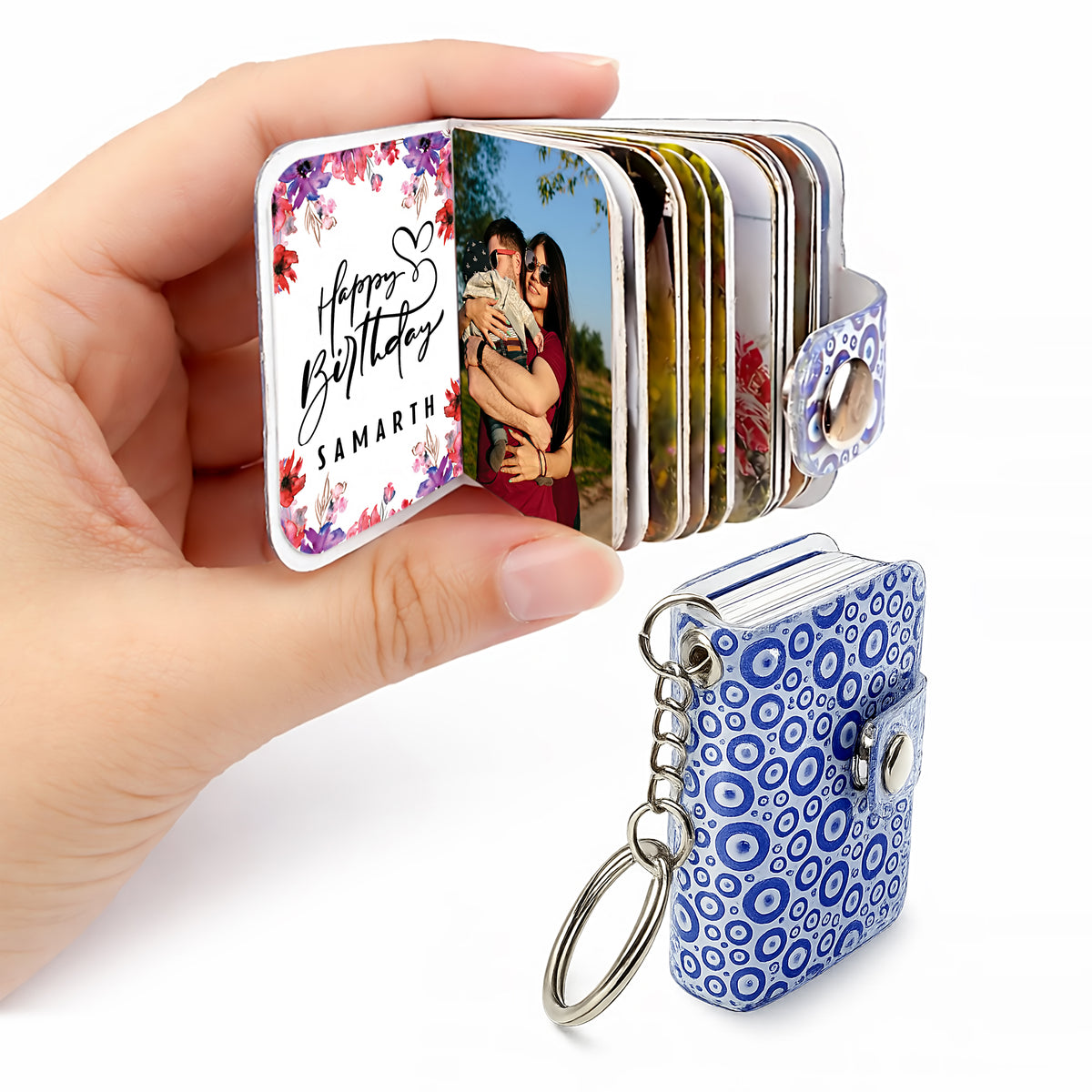 Flashing Click Personalized Photo Book Keychain with Evil Eye Pattern | UV Acrylic Cover with 12–23 Custom Photos & Personalized Text | Laminated Mini Photo Album with Metal Key Ring & Snap Button | Gift for Couples, Him & Her
