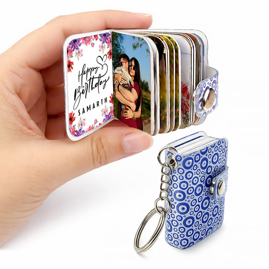 Flashing Click Personalized Photo Book Keychain with Evil Eye Pattern | UV Acrylic Cover with 12–23 Custom Photos & Personalized Text | Laminated Mini Photo Album with Metal Key Ring & Snap Button | Gift for Couples, Him & Her